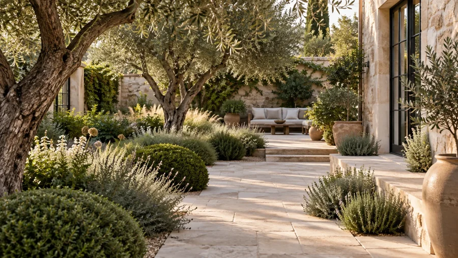 Olive trees, layered planting and a sunlit limestone garden path